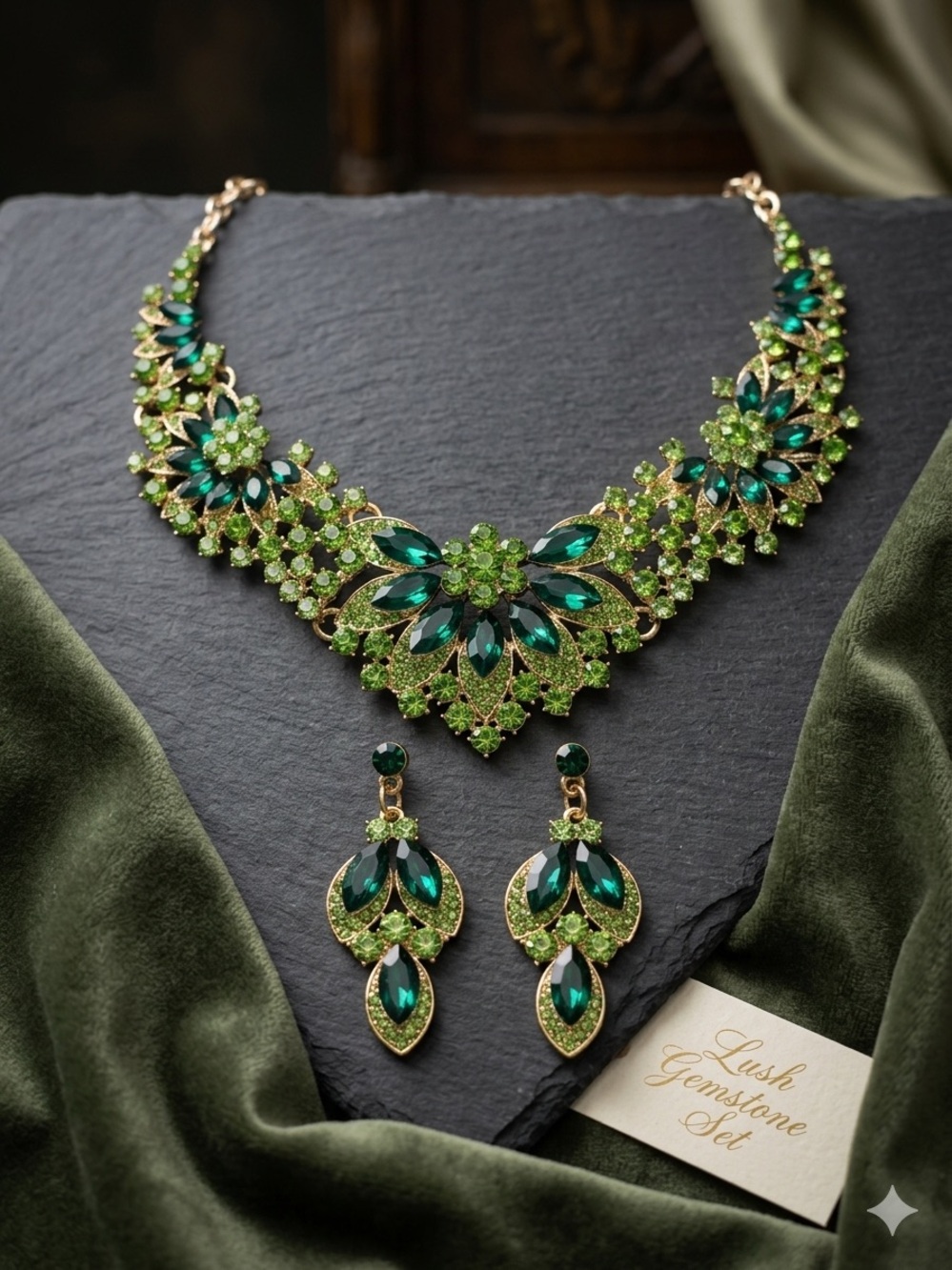 Emerald Floral Statement Necklace & Earring Set - Green
